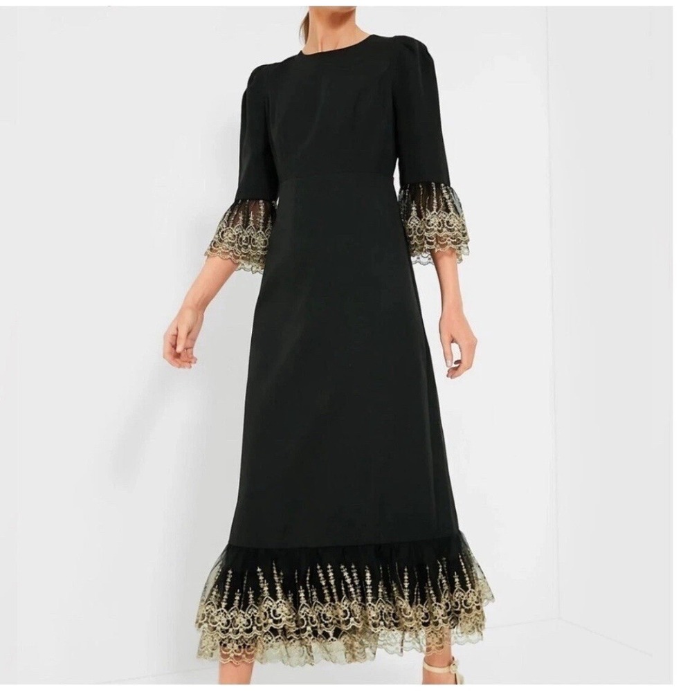 NWT POMANDER PLACE Black Lillith Maxi Cocktail Dress w/ Gold Lace Size Large
